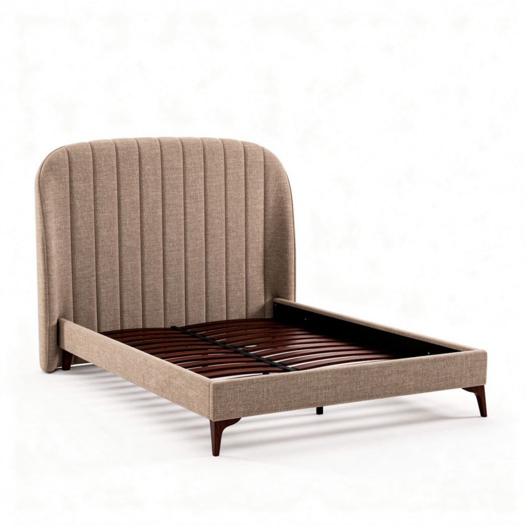 Cama tapizada de tela gris con cabezal acolchado y estructura de madera 200 x 160 x 100cm