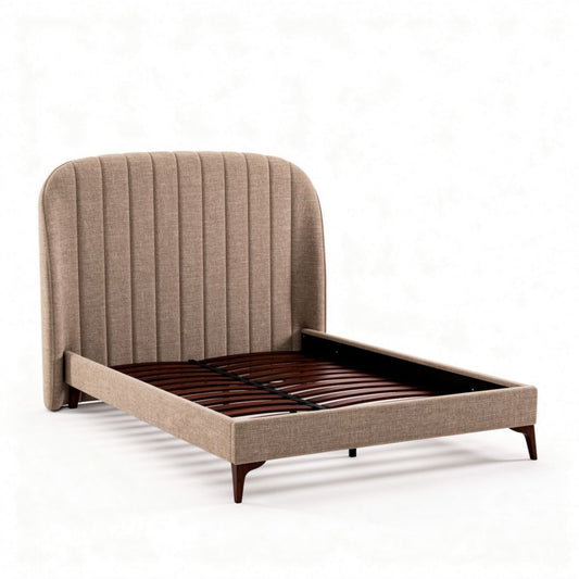 Cama tapizada de tela gris con cabezal acolchado y estructura de madera 200 x 160 x 100cm