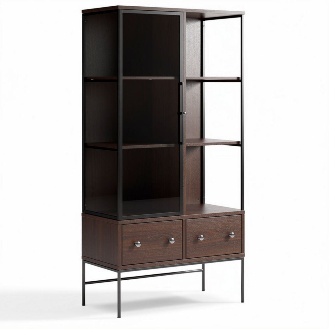 Mueble vitrina de madera y metal con dos cajones 180 x 80 x 40cm