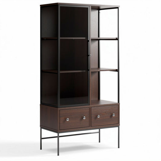Mueble vitrina de madera y metal con dos cajones 180 x 80 x 40cm