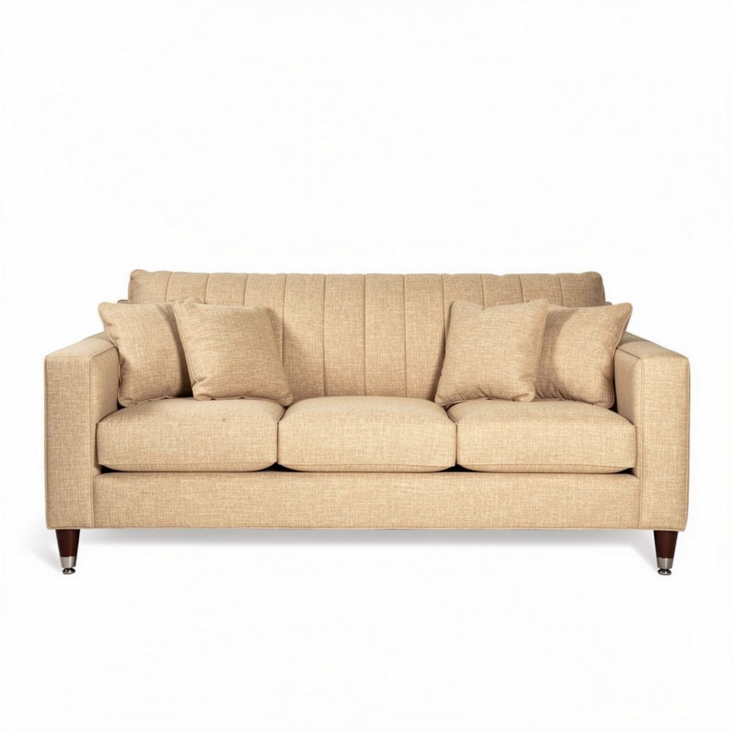 Sofá de tela beige con cojines y dimensiones de 200 x 90 x 85cm