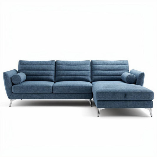 sofá esquineros en tela azul con cojines laterales 220 x 90 x 85cm