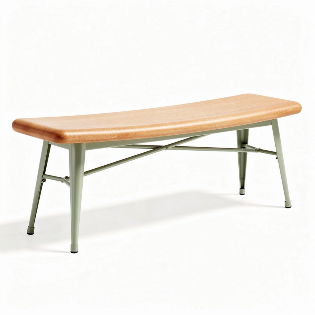 Banco de diseño curvo de madera y metal en color natural y verde 120 x 40 x 45cm