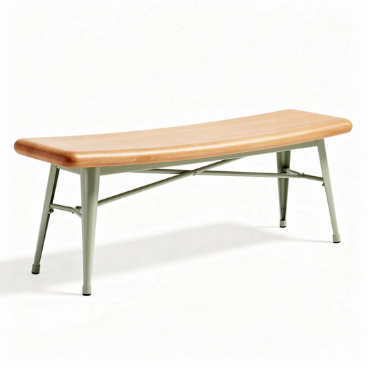 Banco de diseño curvo de madera y metal en color natural y verde 120 x 40 x 45cm