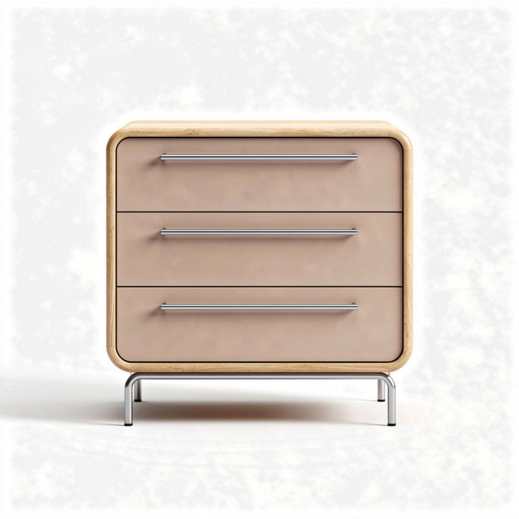 Mesita de noche de madera y metal tres cajones color beige 60 x 45 x 40cm