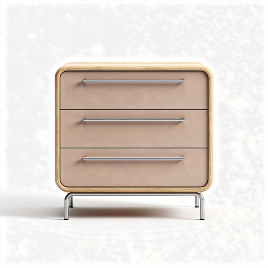 Mesita de noche de madera y metal tres cajones color beige 60 x 45 x 40cm